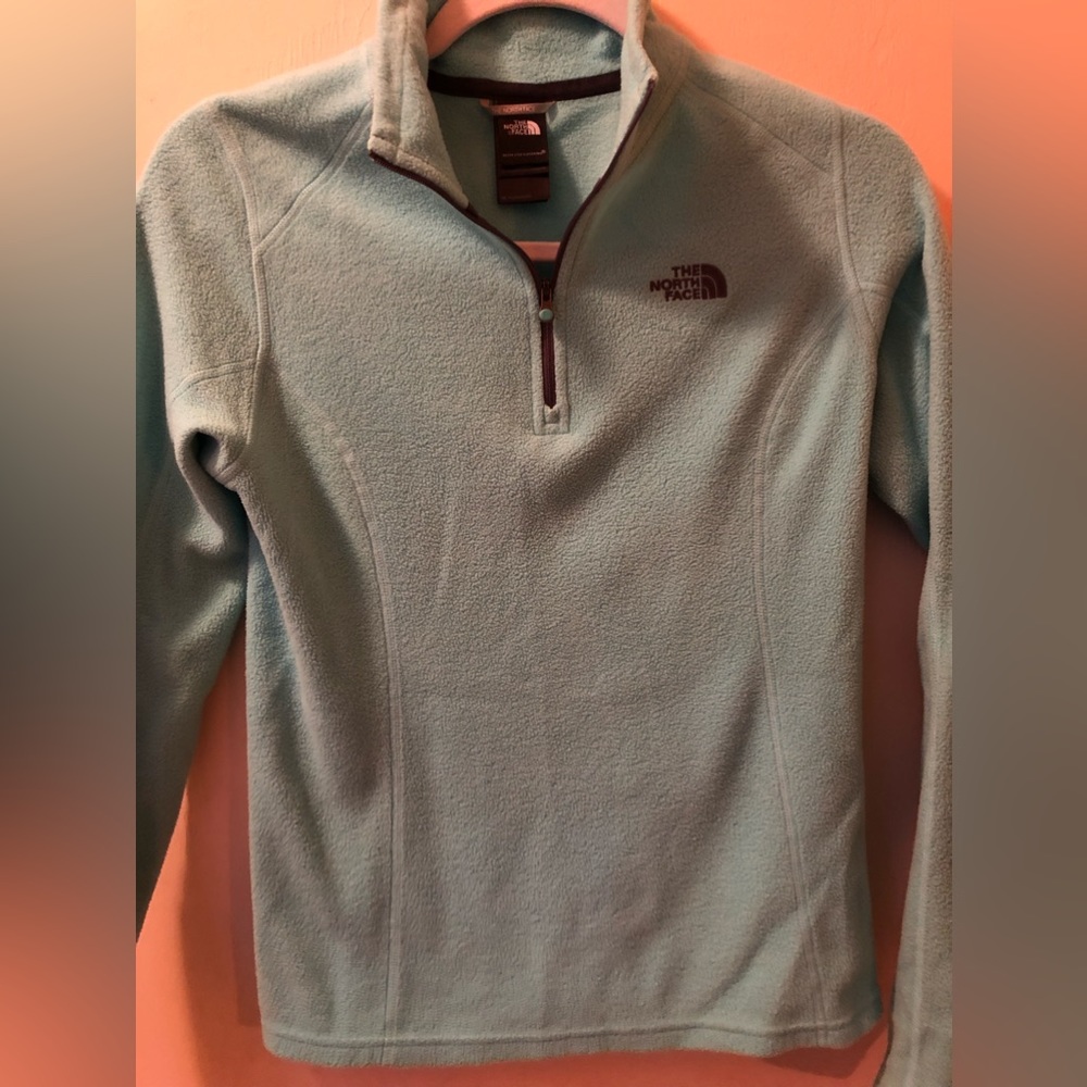 North Face Women’s ice green and gray athletic zip up sweater/jacket.